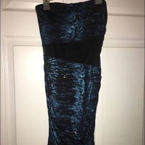 Blue and Black Strapless Homecoming Dress